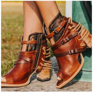 Freebird By Steven Carter Cognac Leather Heeled Boho Western Peep Toe Booties 9